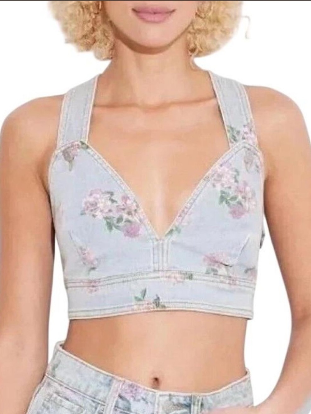 Target Light Blue Denim Floral Zip-Front Crop Top